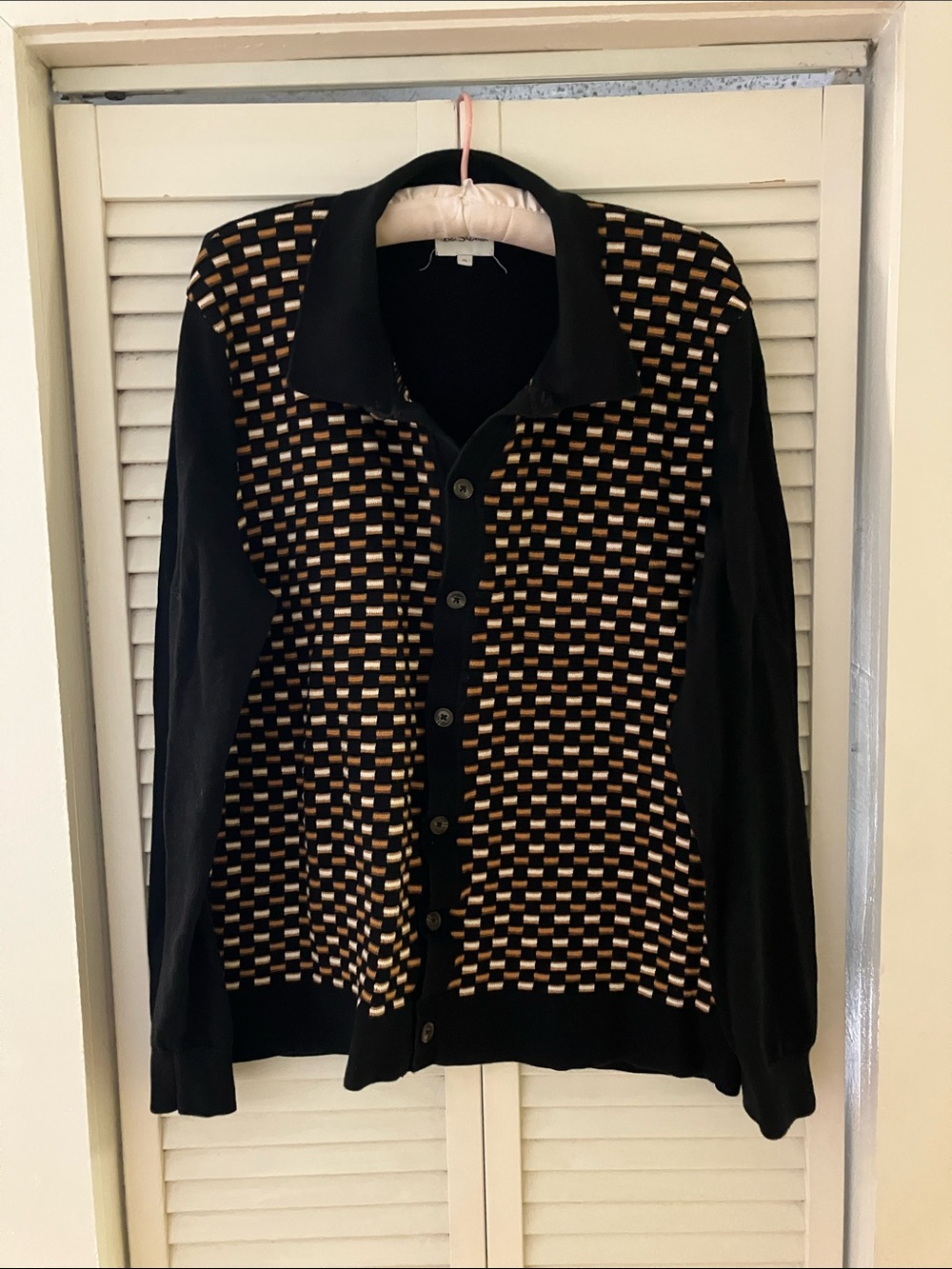 Ben Sherman Black and Brown Print Button Down Collared Cotton Sweater Size XL